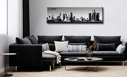 Image of DJSYLIFE Detroit Skyline Wall Art,Black White Canvas Prints 13.8 inch x 47.3 inch | USA Skyscraper Panoramic Cityscape Picture for Bedroom Office Home Decoration Ready to Hang