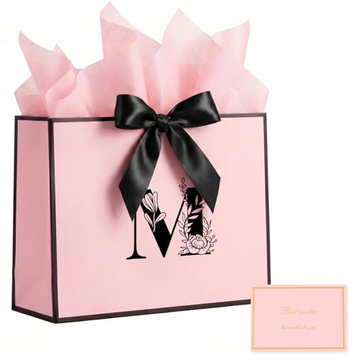 JEKUGOT Alphabet Birthday Gift Bag, Personalized Initial Large Gift Bags with Card and Tissue Paper, Pink Bow Gifts Bag for Birthday Party, Wedding, Graduation, (Letter M)
