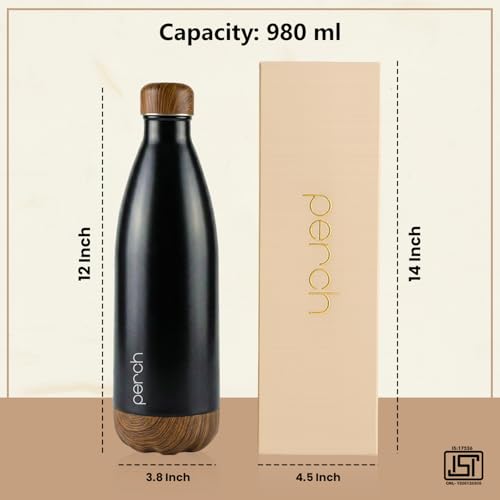 Image of Perch Retro Stainless Steel Water Bottle 980 ml | Hot & Cold Flask | Vacuum Insulated | ISI Certified | Leak Proof | BPA Free | for Office, School, Gym, Home & Travel | Wooden Black | Crafted by Pexpo