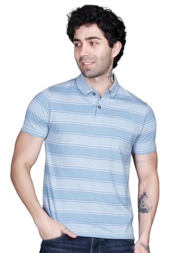 Image of GODFREY Striped Tshirt Shirts Men Cotton Polo T Shirt for Man with Pocket - Regular Fit Half Sleeve Collar T Shirts for Men