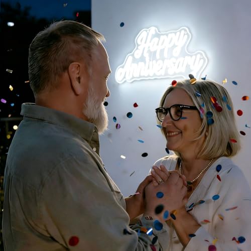 Image of Happy Anniversary Neon Sign - 15.75 inch Dimmable LED Wall Decor Light, USB Romantic Gift for Couples,Business Celebrate Banner,Party Wedding Anniversary Decorations White