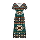 Xernghsao Native Ethnic Aztec Dress Maxi Dress for Women V-Neck & Short-Sleeved Aztec Long Dress American Ethnic Tribe Pattern Indian Aztec Print Medium