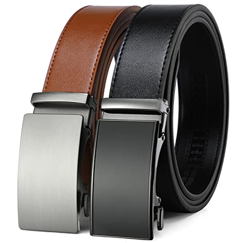 Image of 2 Pack Ratchet Belt 1 3 /8 inch, Mens leather Dress Belt in Gift Set Size 28 inch-62 inch Adjustable waist Trim to Fit