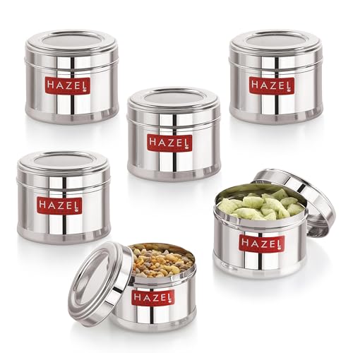 Image of HAZEL Masala Box for Kitchen with Airtight Lid | Stainless Steel Top See Through Storage Containers for Kitchen Air tight, 300 ML, Set of 6