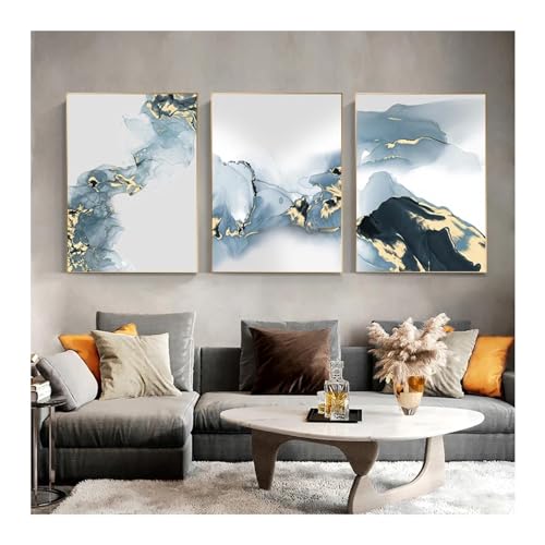 Affiche abstraite encre aquarelle bleue or 20x35cm triptyque moderne pour mur salon