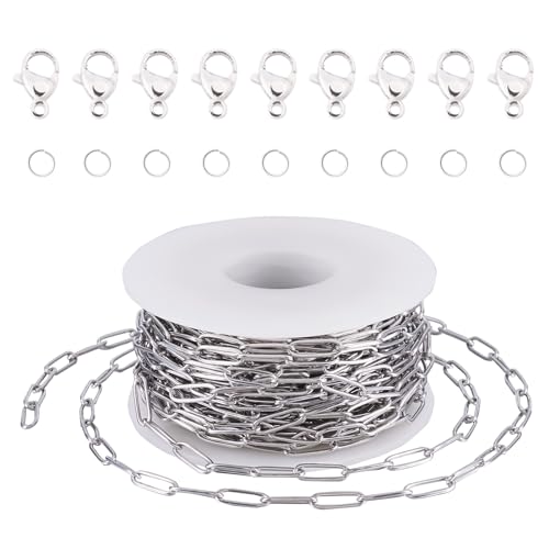 Bestewelry Catene a maglia ovale saldata in acciaio inox 304, 10 m, con anellini aperti, chiusura a moschettone, per la creazione di gioielli
