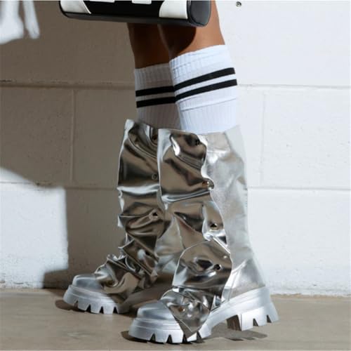 Women's Shin Metallic Fashion Buttons Long Boots Ladies Unique Wrinkled Chunky Sole Trendy High Boots 5
