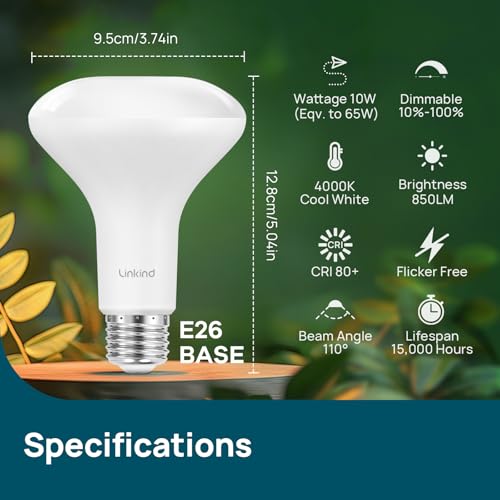 Image of Linkind 12-Pack BR30 LED Flood Light Bulbs Indoor, 10W=65W 850 Lumens 4000K | Dimmable LED Recessed Bulbs, E26 4000K Cool White, UL FCC Certified, Recessed Can Light Bulb for Bedroom Bathroom