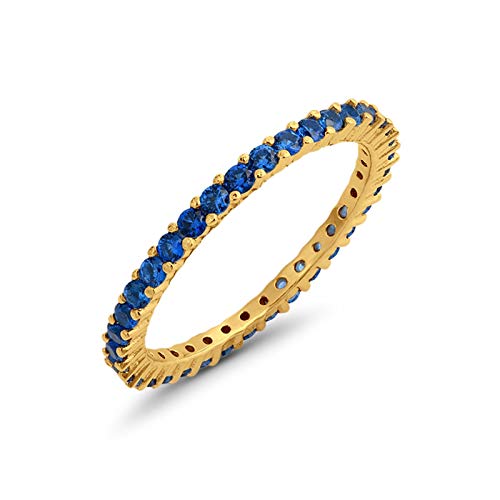 Full Eternity Stackable Wedding Band Ring Yellow Tone Simulated Blue Sapphire Cubic Zirconia 925 Sterling Silver Size-4