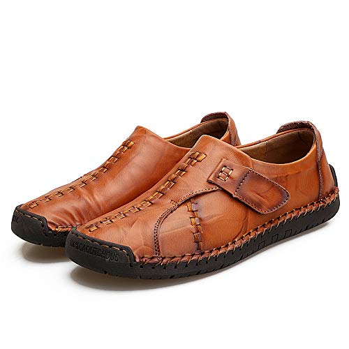 Men's Drving Loafer Shoes Genuine Leather Casual Hand Sewing Lined Flat Slip On Round Toe(RED Brown,10 M US)4