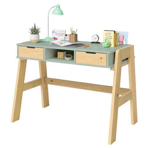 Bellabino Campo Kinderschreibtisch höhenverstellbar 56-75 cm – Schreibtisch Kinder ab 6 Jahren mit 2 Schubladen – Schülerschreibtisch mit viel Stauraum aus Massivholz Kiefer in Mintgrün
