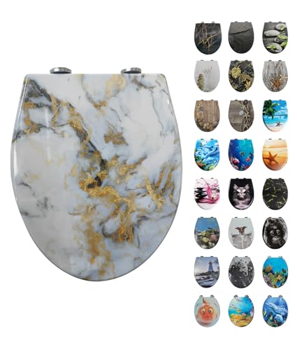 Tapa de inodoro con dispositivo de descenso automático, forma ovalada, fácil limpieza, asiento de inodoro extraíble, soporta 150 kg, fácil montaje, diseño: mármol blanco