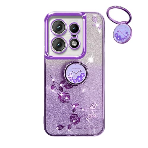 Cover Glitter per Motorola Edge 50 Pro 5G Trasparente Bling Brillantini Custodia Ultra Sottile Molle Antiurto Fiori Anello Supporto Case. donna silicone tpu viola
