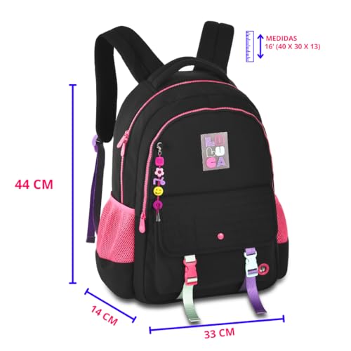 Kit Mochila Luluca Costas Escolar Juvenil Infantil Lancheira E Estojo Chaveiro (PRETO)