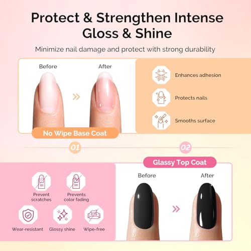 Image of MelodySusie Hema Free Top Coat Base Coat Builder Gel Set Long Lasting Shine Finish Soak Off UV LED Nail Lamp Nail Polish Art Design Manicure Kit Perfect Gifts for Women Girls 3 Pcs 15ml Clear