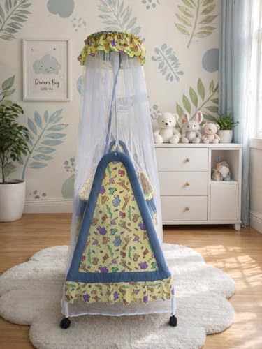 Image of Kiddery Athena Baby Cradle | Sleep Safely & Comfortably | Mosquito Net Protection | Lightweight & Compact Design | All-Wheel Lock | Unisex | 0-10 Months | Yellow