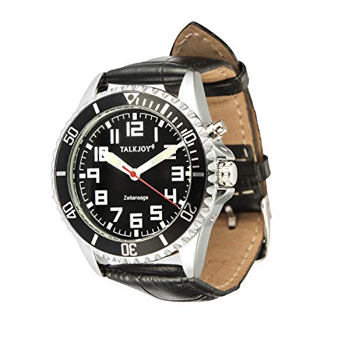TalkJoy Profi Black Herren Sprechende Armbanduhr Leder Uhr Blindenuhr schwarzes Ziffernblatt...