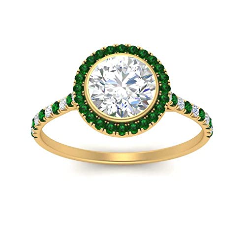 Image of 55Carat Choose Your Gemstone Bezel Round Halo Pave Diamond CZ Ring Yellow Gold Plated Round Shape Halo Engagement Rings Everyday Jewelry Wedding Jewelry Handmade Gifts for Wife US Size 4 to 12
