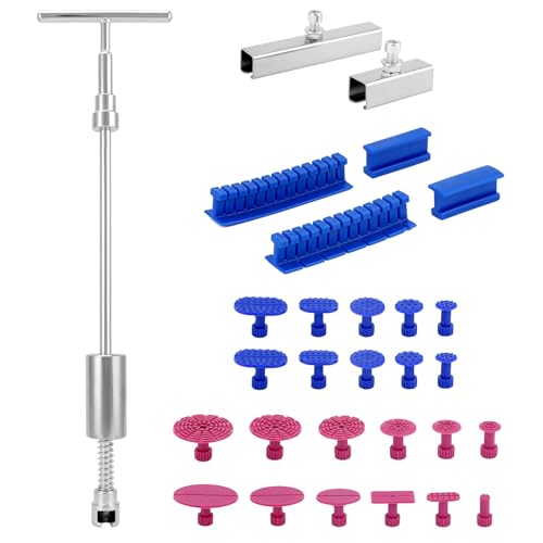QWORK 29 Pieces Car Dent Repair Kit - 2 in 1 Paintless Dent Puller with T-bar 22 Glue Puller Tabs for Car Metal Surface Dent Removal
