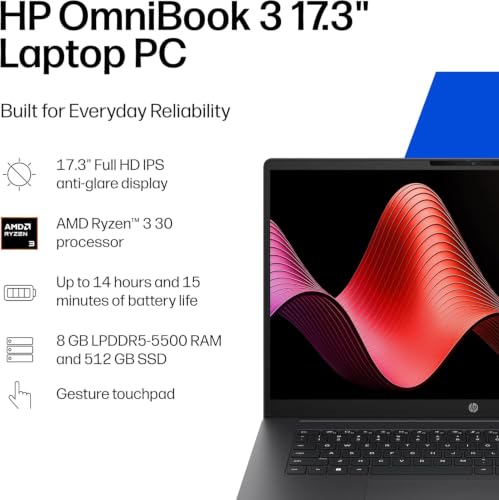 Image of HP OmniBook 3 17.3 inch Laptop PC, FHD Display, AMD Ryzen 3 30, 8GB RAM, 1TB SSD, AMD Radeon 610M Graphics, Copilot, FHD Webcam, WiFi 6, Bluetooth 5.4, Win11 Home