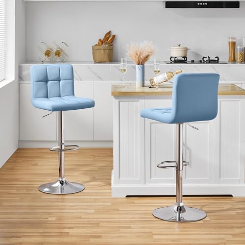Image of Yaheetech Bar Stools Set of 2, Adjustable PU Leather Swivel Barstools, Modern Counter Stools with Back and Footrest, Counter Height Barstools for Bar, Kitchen, Dining Room, Blue