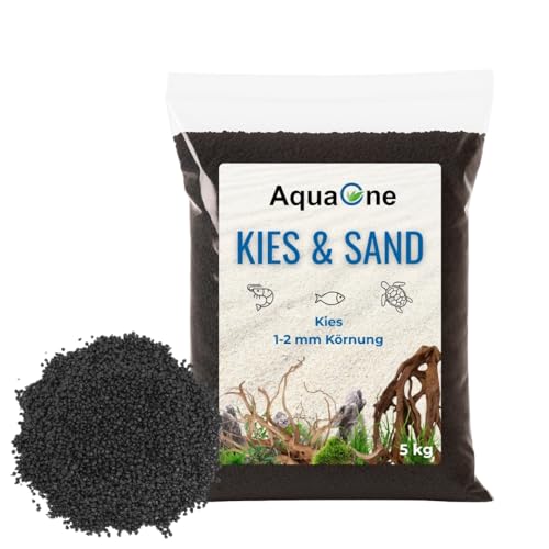 AquaOne Aquarium Kies Sand 5 kg I Bodengrund hell schwarz bunt fein mittel grob I Aquariumkies Premium Qualität I Quarzsand Aquariumkies Deko Aquascaping Körnung (schwarz 1-2mm)