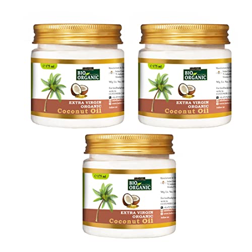 INDUS VALLEY Bio Organic Extra Virgin Organic Coconut Oil - Set Of 3 With The Natural Aroma Of Coconut Oil For Hair & Skin Care (175x3=525ml)