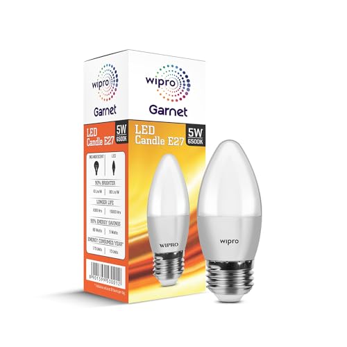 Image of wipro Garnet 5 W E27 Base Frosted Candle LED Bulb | Cool Day White (6500K) | Pack of 2 | Clear optics for sparkling effect | LED Filament Bulb for Home, office, chandellior, decorative lamp shade