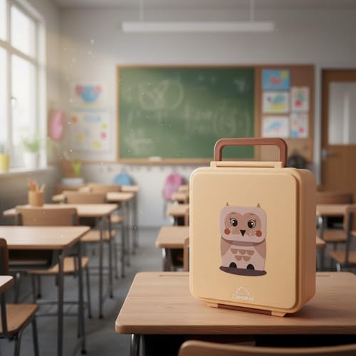 Image of Bento Mega Lunch Box, carrying handle - 4 No-Mix Compartments | Microwave & Dishwasher Safe | for Adult, Preschool, School 1600ML, OZ (Orange Light Peach ClevaOwlee Friend)