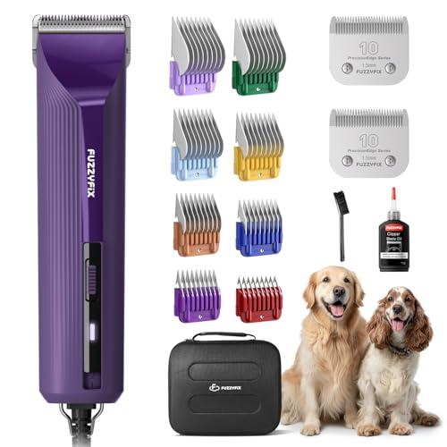 FuzzyFix AmpFix Professional Dog/Pet Grooming Clippers - 2-Speed Heavy-Duty Motor, 2 Detachable Blade 8 Metal Combs, 10ft Cord, Runs Cool & Quiet, Anti-Slip Shatter-Proof Housing for All Animal Coats