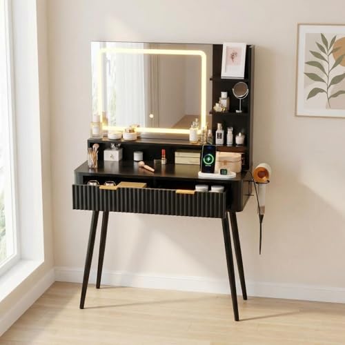 Dressing Table with LED Light Vanity Desk with 3-Colour Lighted Mirror 2 Drawers 4 Open Shelves Hair Dryer Holder & Metal Legs Makeup Desk with Built-in Plug & USB for Bedroom 80x35x132cm - Black