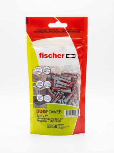 Image of fischer DuoPower Universal Wall Anchors for Fastenings in Concrete, Brick, Drywall and Wood, (50, New, 3 /16 inch x 1 inch)