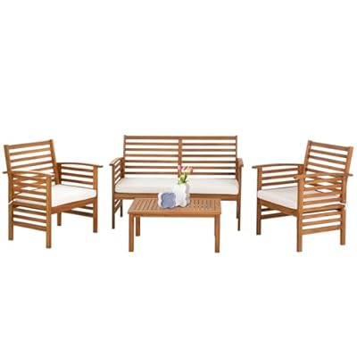 Outdoor Wood Sofa Set Patio Conversation Sets Acacia Patio Sofas Set with Thick and Soft Cushions Easy to Assemble Patio Furniture Set Natural Acacia Wood Compact and Sturdy Design Furniture Set