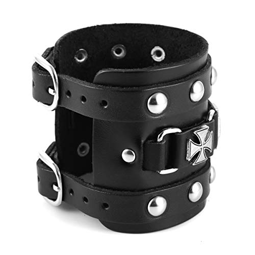 Men's Wide Cuff Wristband Punk Rock Motorbike Wide Belt Leather Bracelet (Black-A) #TOP3