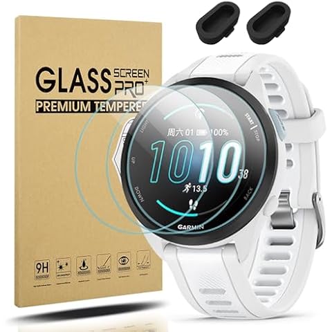 Suoman 3+2 Pack for Garmin Forerunner 165 Screen Protector, Charger Port Protector + 9H Hardness Tempered Glass Protector for Forerunner 165/165 Music Cover