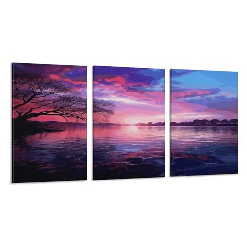 Toile murale à 3 panneaux coucher de soleil violet décoration verticale