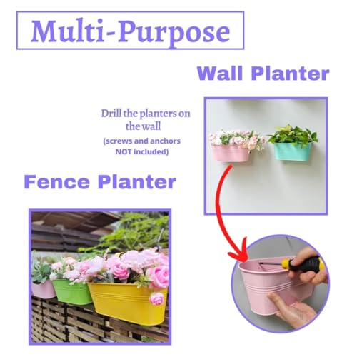 Image of 12 INCH Anti Rust Railing Oval Planter for Balcony & Garden with Detachable Handle | Hanging Flowerpot Holder | Metal Wall Planter for Indoor and Outdoor Decor (Multicolour, 6)