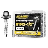 Metal Roofing Screws #10 x 1-1/2', 300 PCS, FIXLINK RUSPERT Hex Head Rubber Washer Sheet Metal Roof Screws Self Tapping Metal to Wood Siding Screws, Hex Socket Included, Silver