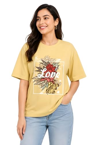 Image of Amazon Brand - Anarva Women Oversized Graphic Printed T Shirt 100% Cotton Drop Shoulder Loose Fit Baggy Casual Tshirt for Girls