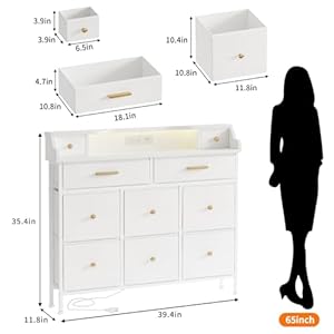Fixwal white vanity dresser for bedroom kids dresser with light and charging stations 10 fabric chest of drawers for girls nursery closet entryway hallway  urban country home decor