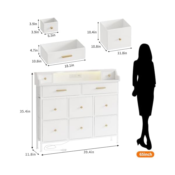 Fixwal white vanity dresser for bedroom kids dresser with light and charging stations 10 fabric chest of drawers for girls nursery closet entryway hallway  urban country home decor