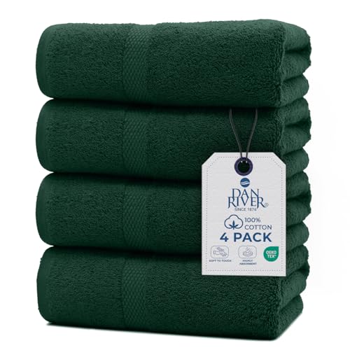 Image of DAN RIVER Bath Towels Set of 4, 27 x 54 Inches, 100% Cotton, Larger & Lighter Weight, Quicker to Dry, Super Soft and Absorbent, Ideal Hotel Towels for Daily Use, Huntergreen