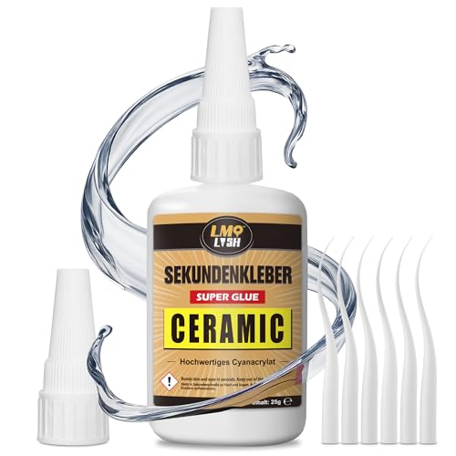 Sekundenkleber extra stark für Keramik und Porzellan 25g, Wasserfester und hitzebeständiger Porzellankleber, Keramikkleber mit Anti-Verstopfungskappe, Cyanacrylat(CA) Sekundenkleber für Keramik