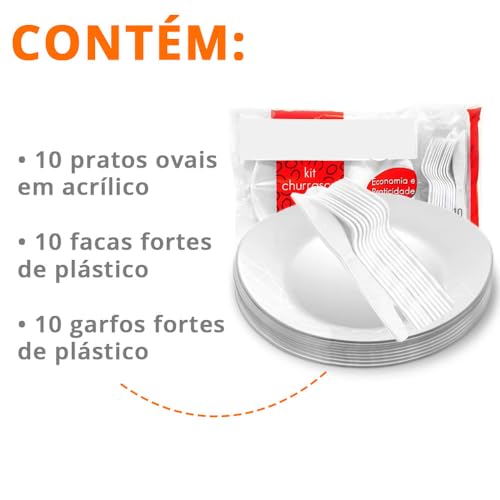 Kit Churrasco, Prafesta, Descartável, 10 Pratos, 10 Garfos e 10 Facas, Branco