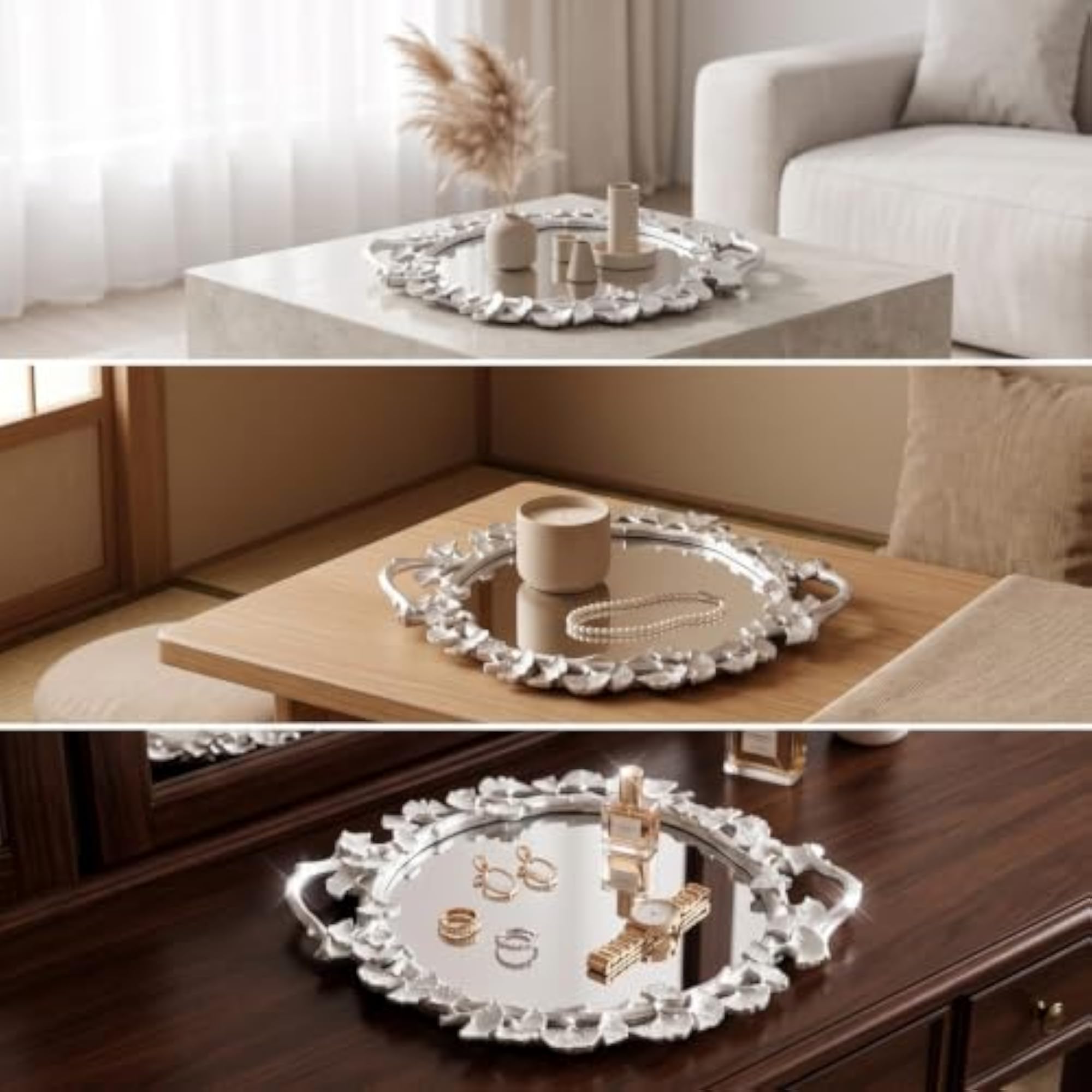 Antique-Style Ginkgo Leaf Tray, Silver Tray with Mirrored Glass Base