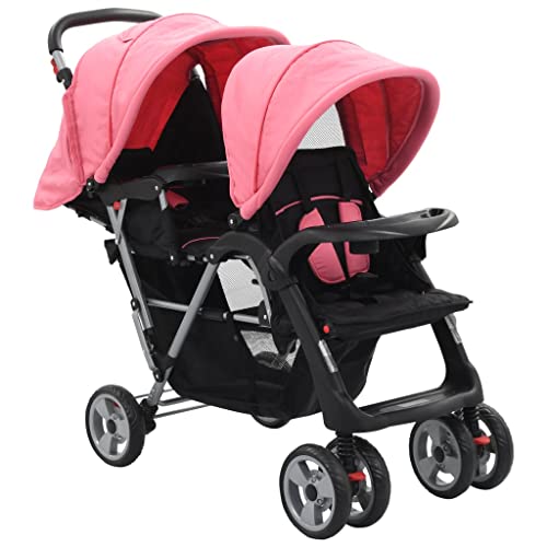 Susany Geschwisterwagen mit 2 klappbare Verdecke Kinderwagen Babywagen Buggy Zwillingswagen Zwillingsbuggy Kleinkinder-Wagen Rosa und Schwarz Stahl