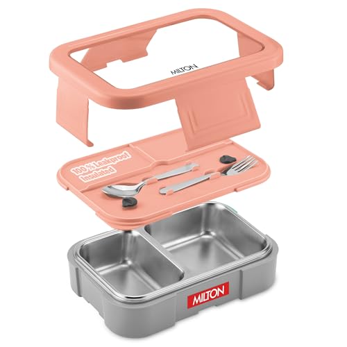 Image of MILTON Ethan 2 Inner Stainless Steel Tiffin Box for School, 2 Partition, Steam Release Plug | PU Insulated, Leak-Proof, Food Grade I Lunch Box for Kids Boys, Girls with Snap Lock Lid, 650 ml, Peach