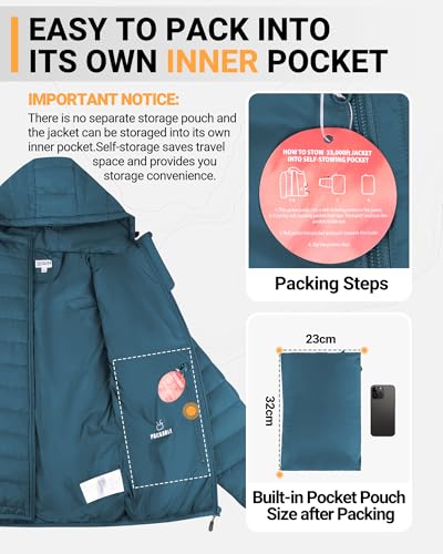 33,000ft Damen Leichte Steppjacke Packbare Übergangsjacke mit Taschen für Frauen Gefüttert Warme Pufferjacke mit Kapuze für Outdoor Freizeit Wandern Petrol Blau M