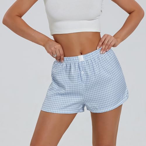 Image of Women Pajamas Shorts Micro Boxer Shorts Y2K Cute Gingham Sleep Lounge Shorts Checkered Plaid Button Pj Mini Shorts