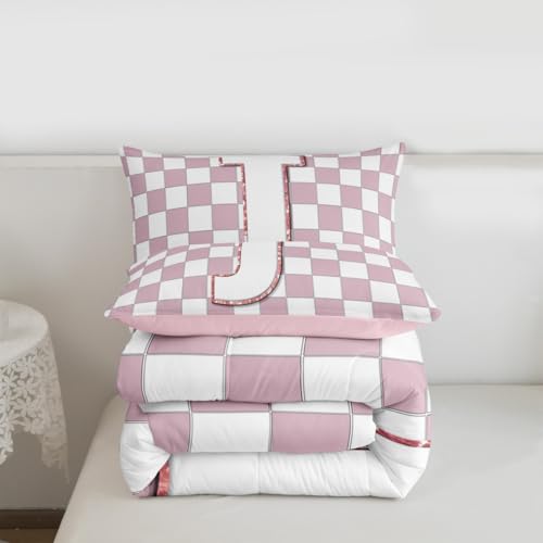 Image of Erosebridal Pink Initial J Toddler Bedding Set Kawaii Plaid Checkered Comforter Set for Kids Girls Teen Women Cute Personalized Monogram Down Comforter,Fashion Grids Gingham Quilt Duvet